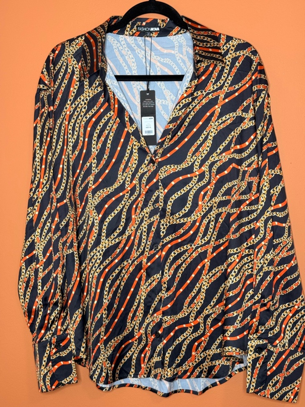 Fashion Nova Black Blouse with Gold and Orange Chain Print